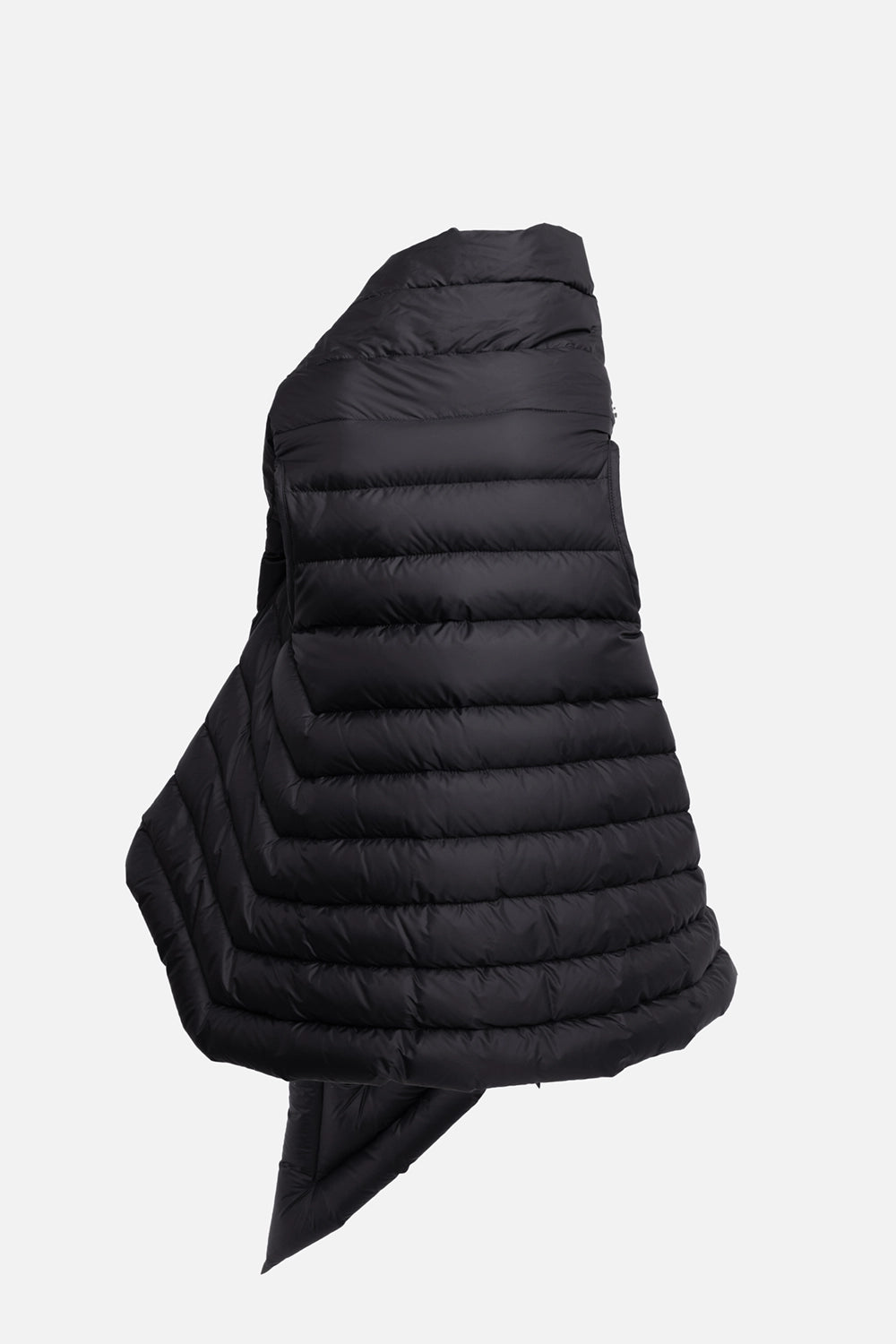 Pre-owned Rick Owens women's down wrap vest in black, side view, horizontal quilting with extended pointed hem