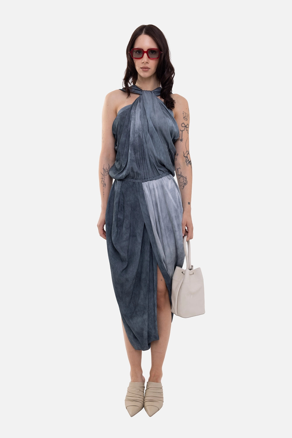 Uma Wang women's midi dress in steel blue, on-model full length, pleated halter neckline and front slit