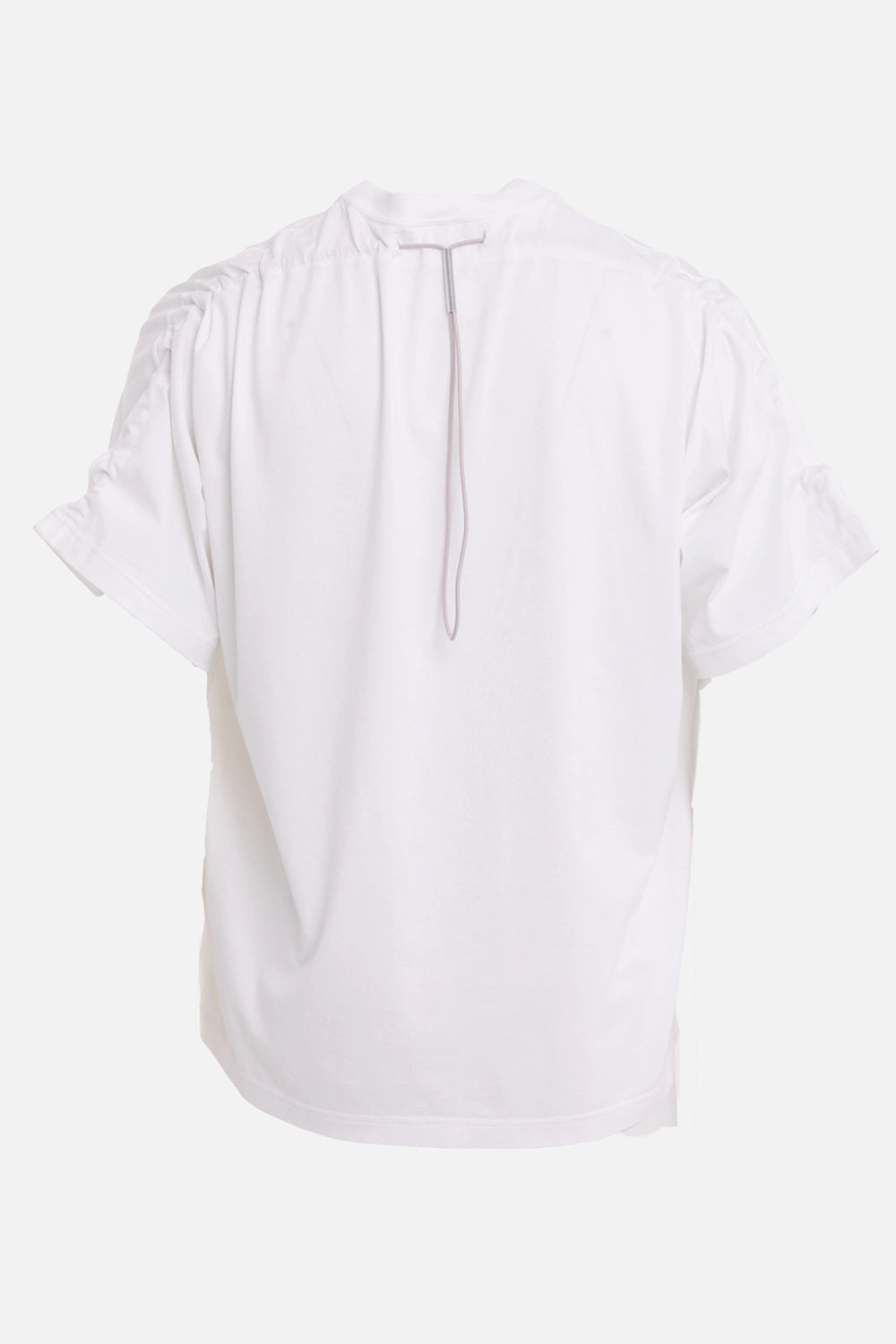 VEIN men's T-shirt in white, back view with center drawcord detail and softly gathered shoulders