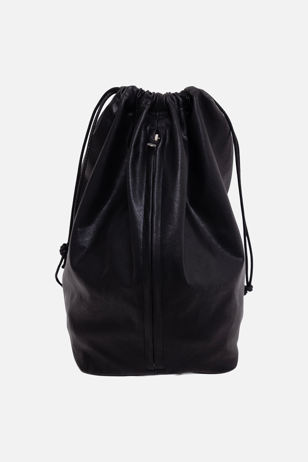 ATTACHMENT bucket bag in black, front view, gathered drawstring opening and vertical zip detail