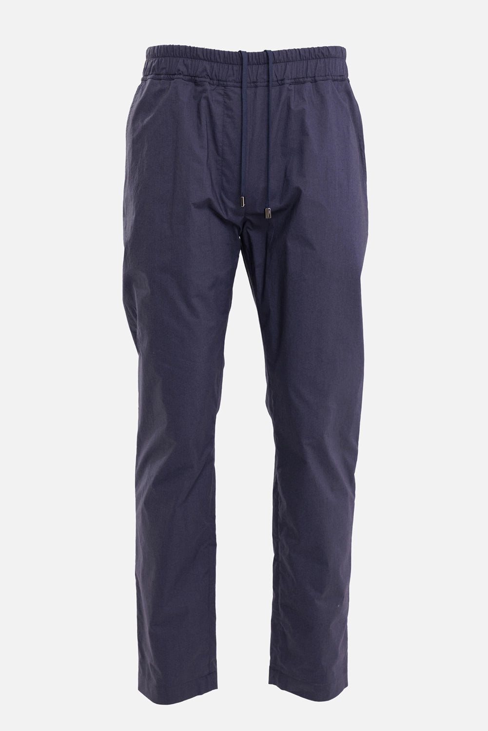 Aion men's jogger trousers in blue, front view, long drawcords, side pockets and straight legs