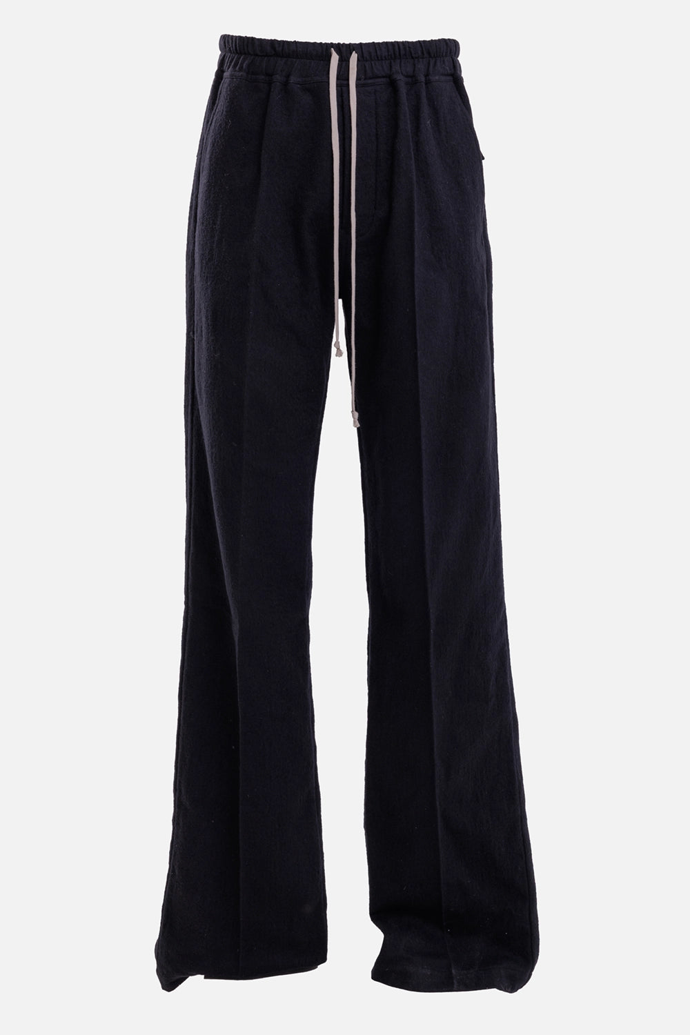 Rick Owens men's trousers in black, front view with an elastic waist, side pockets and contrast drawstring