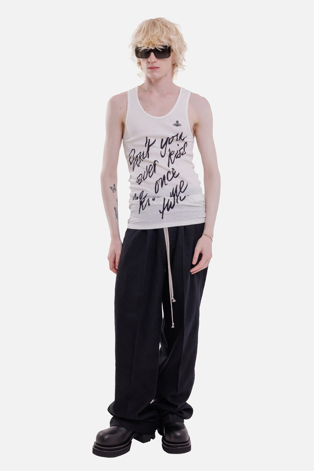 Rick Owens men's trousers in black, full-length view with a loose straight leg and long contrast drawstring