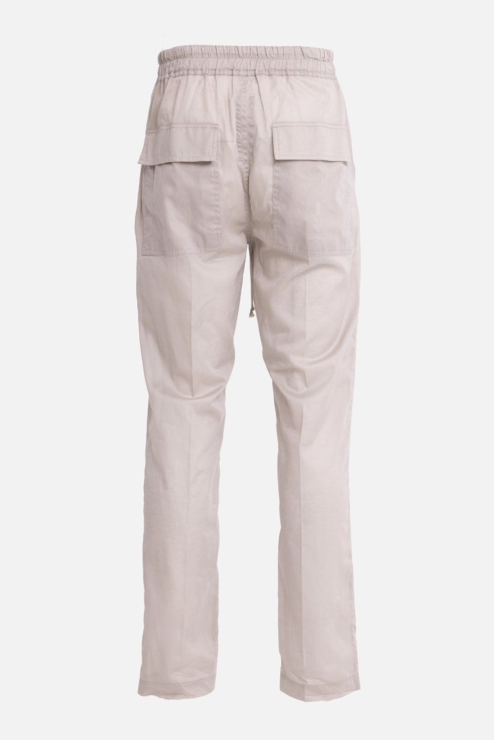 Rick Owens men's drawstring trousers in pearl, back view, square flap pockets and pressed back creases
