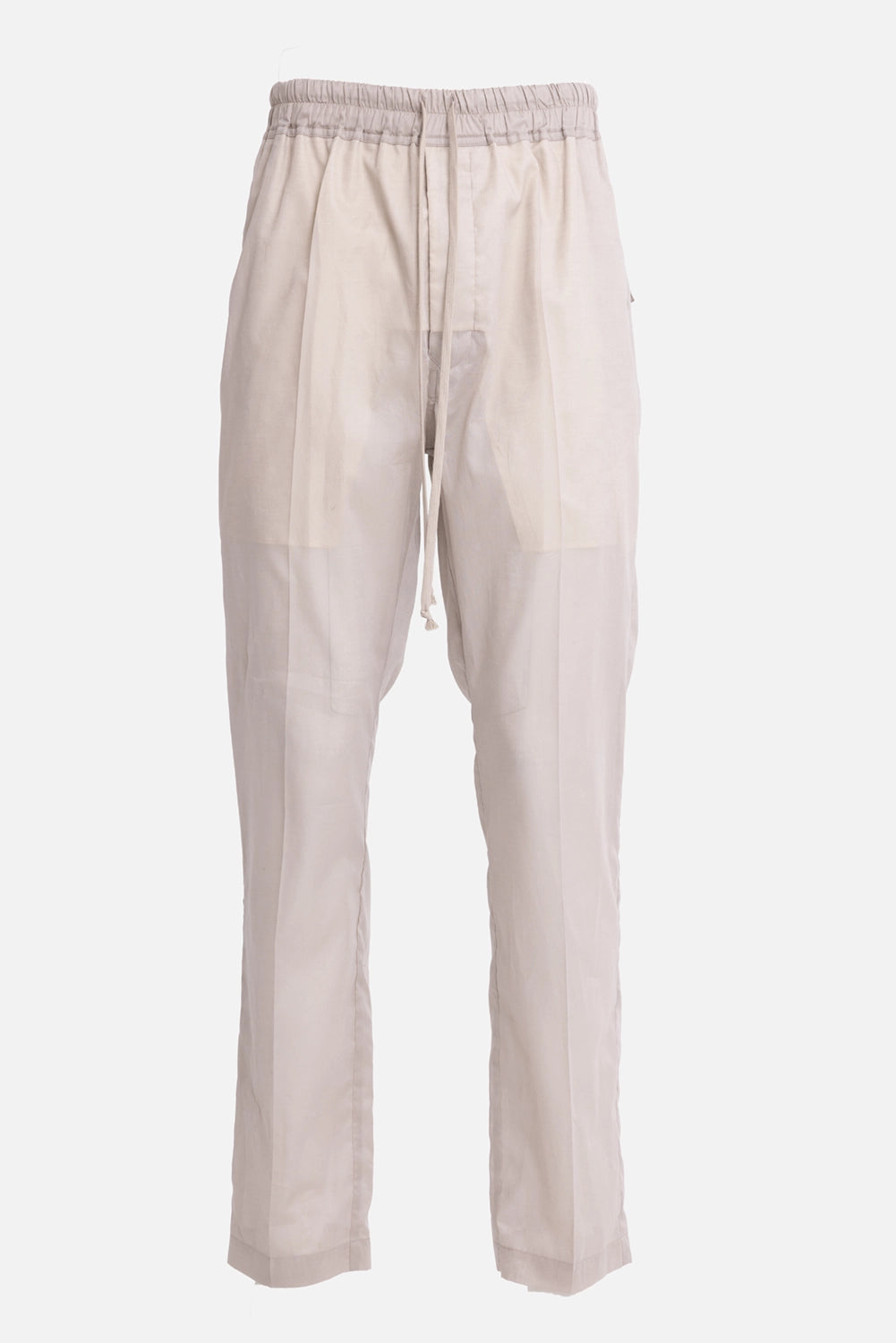 Rick Owens men's drawstring trousers in pearl, front view, elastic waist, long drawstring and front crease