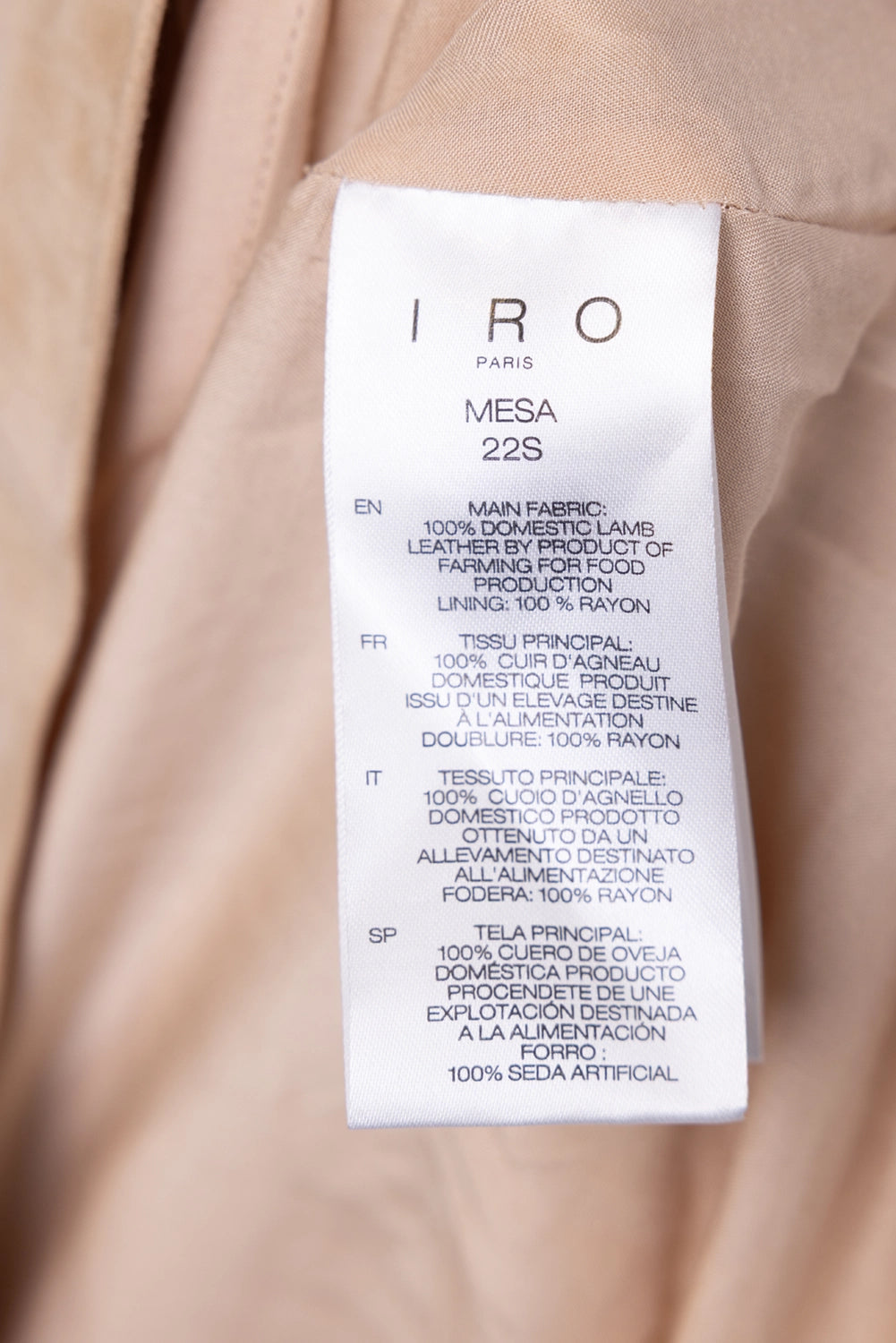 Pre-owned IRO women's leather dress in beige, care label close-up, lamb leather and rayon lining noted