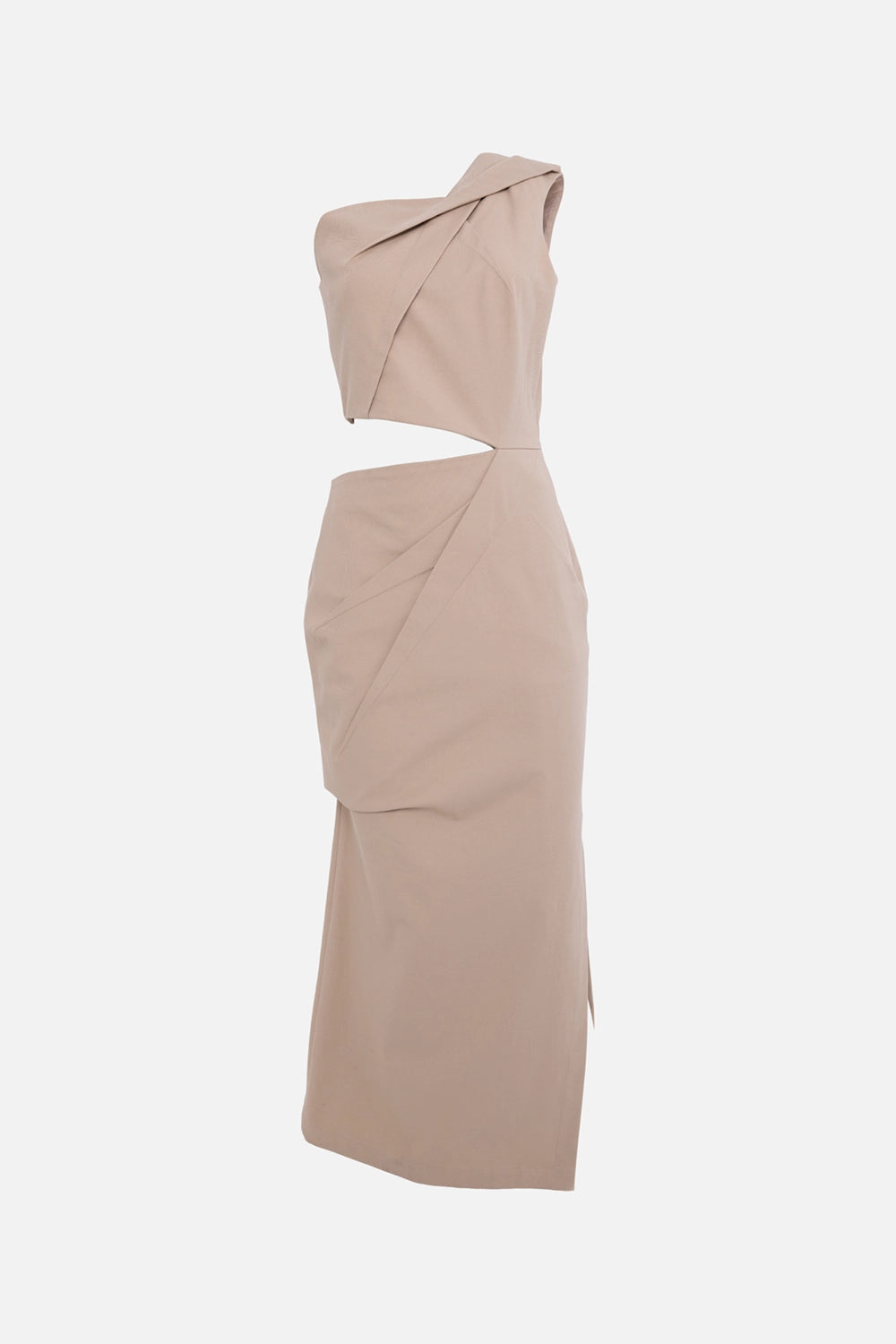 Pre-owned Max Mara dress in beige, side view, one-shoulder wrap bodice with waist cutout