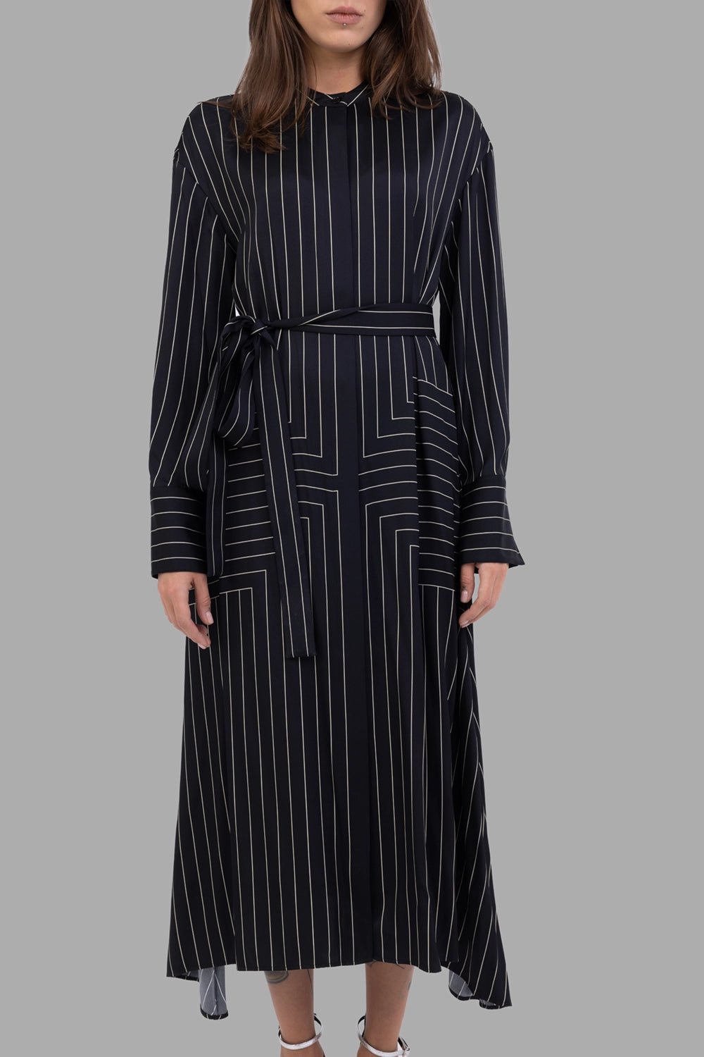 Joseph women's silk midi dress in Black/Affogato, front view, band collar, hidden placket and tie belt at waist