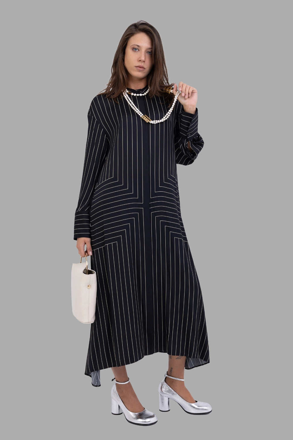 Joseph women's silk midi dress in Black/Affogato, on-model full length, geometric pinstripe and fluid asymmetric hem