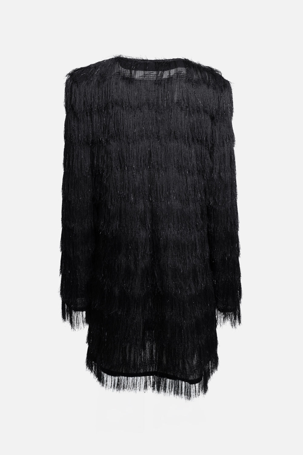 Pre-owned Balmain women's dress in black, back view, long sleeves with all-over fringe and straight hem