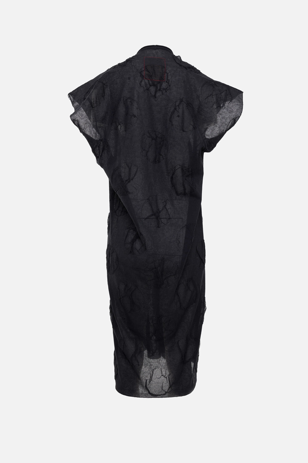 Uma Wang women’s dress in black, back view, sheer fabric with back-neck button placket