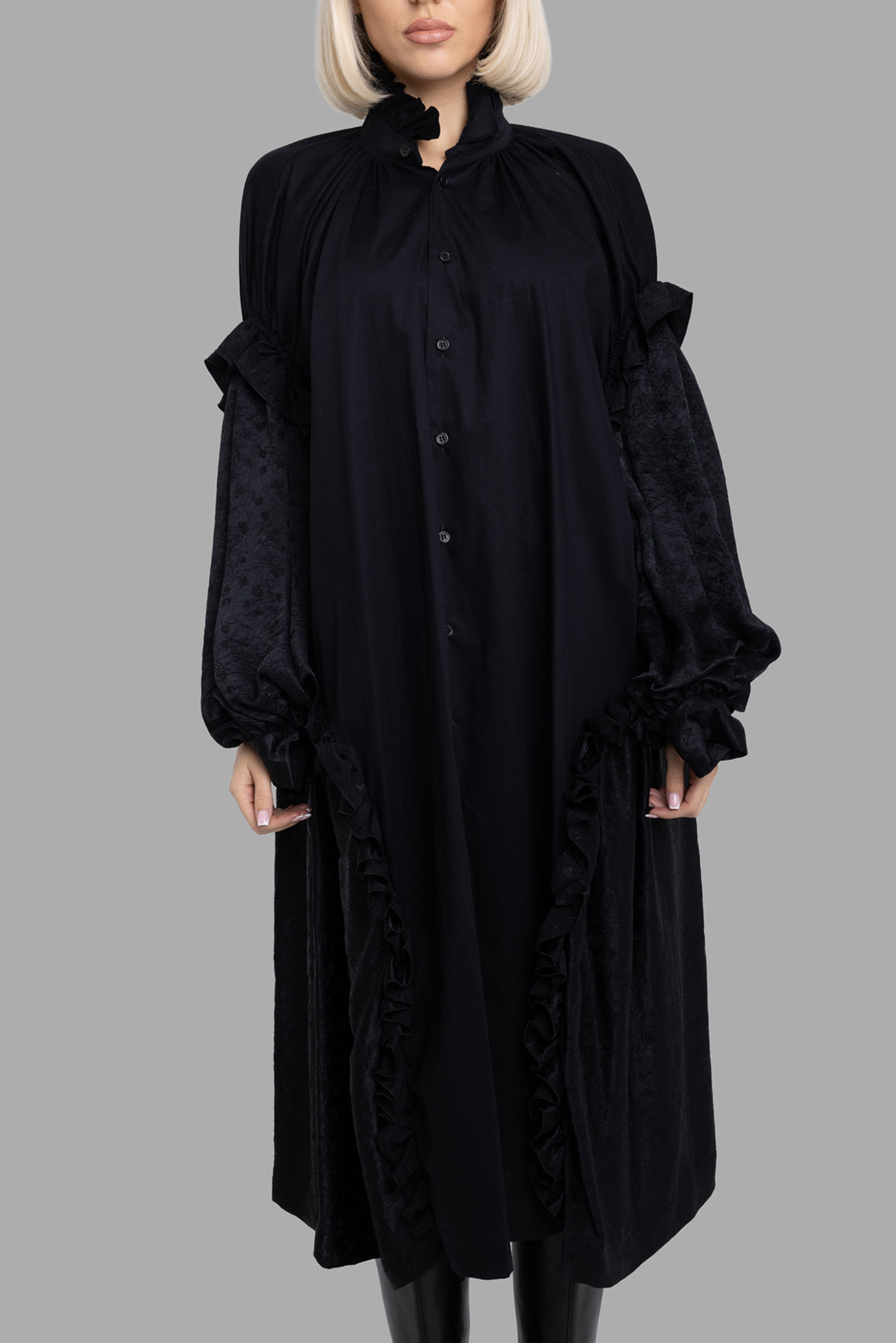 Noir Kei Ninomiya women's black cotton dress, front view, high ruffled collar with button placket and gathered sleeves