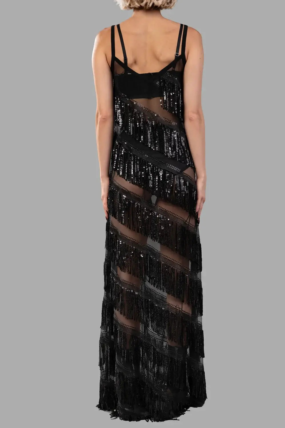 Sehnsucht Atelier fringe maxi dress in black, front view with twin straps, V-neck and diagonal sequin fringe