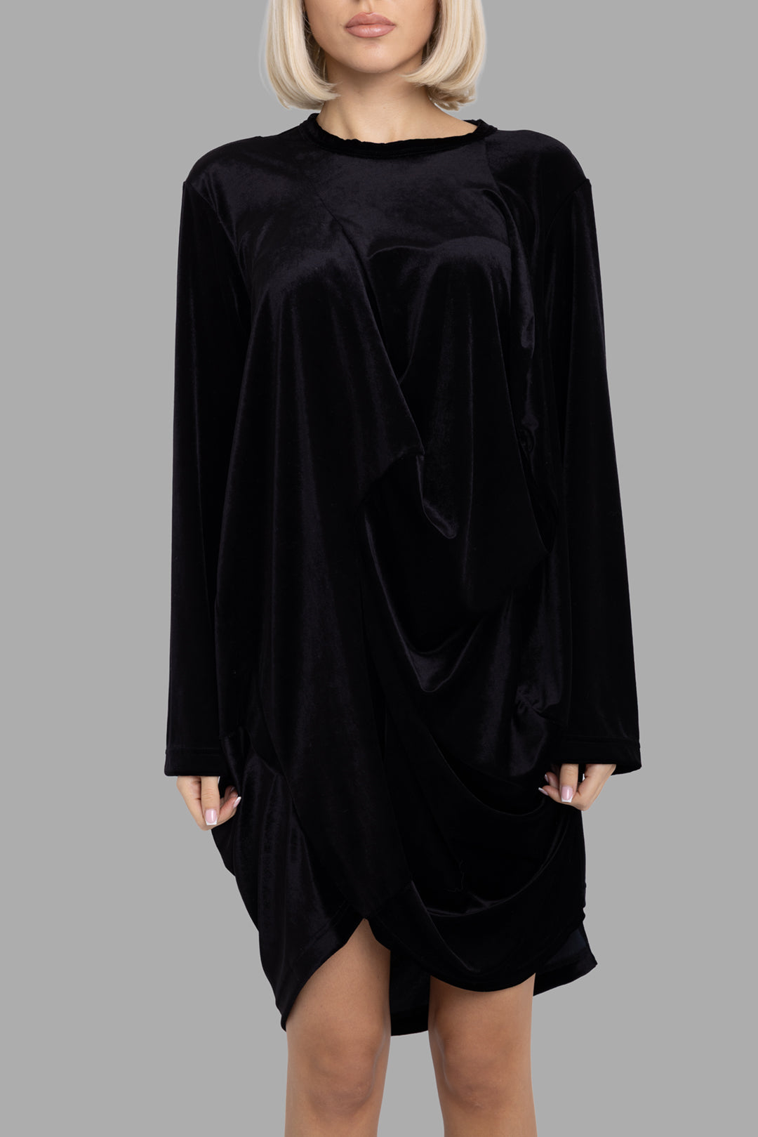 Comme des Garçons women's black draped dress, front view, long sleeves and layered asymmetric front panels.