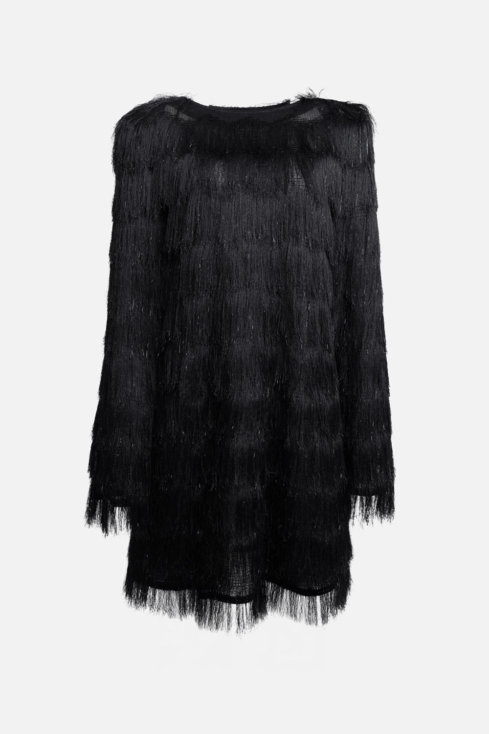 Pre-owned Balmain women's dress in black, front view, all-over fringe overlay and round neckline