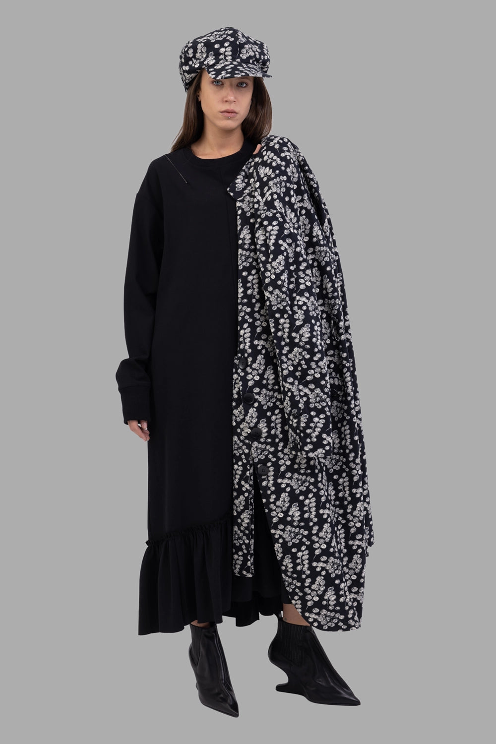 Marc Point women’s dress in black, on-model full length, ruffle hem and dropped shoulders