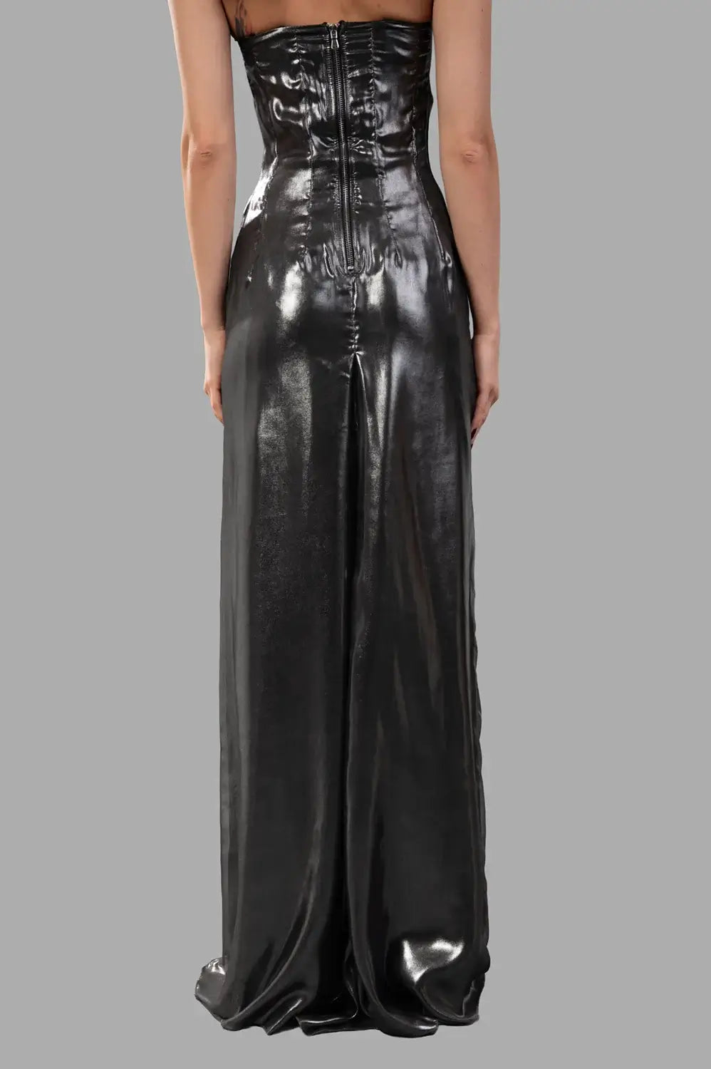 Sehnsucht dress in gunmetal, back view with exposed centre zip and glossy liquid finish