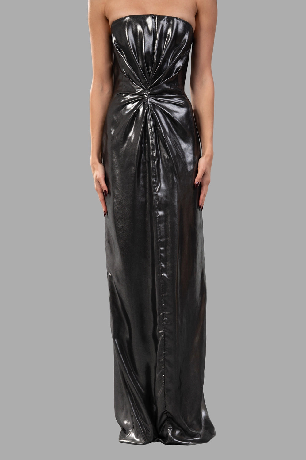 Sehnsucht dress in gunmetal, front view showing strapless neckline and gathered starburst at waist