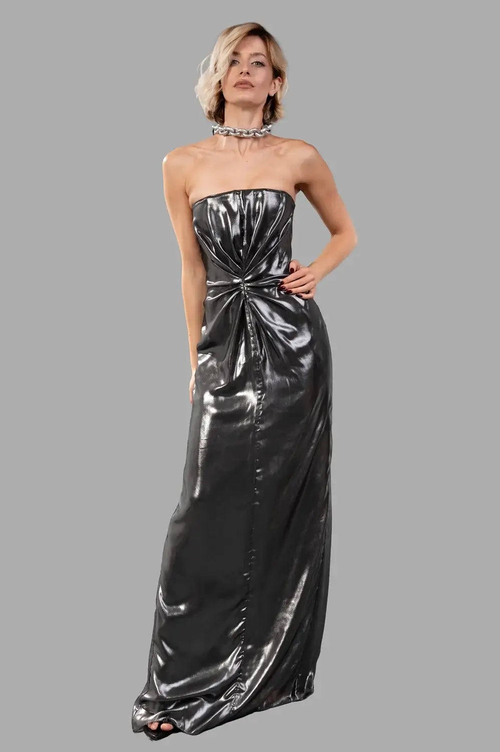 Sehnsucht dress in gunmetal, on-model full length with strapless column silhouette and ruched waist knot