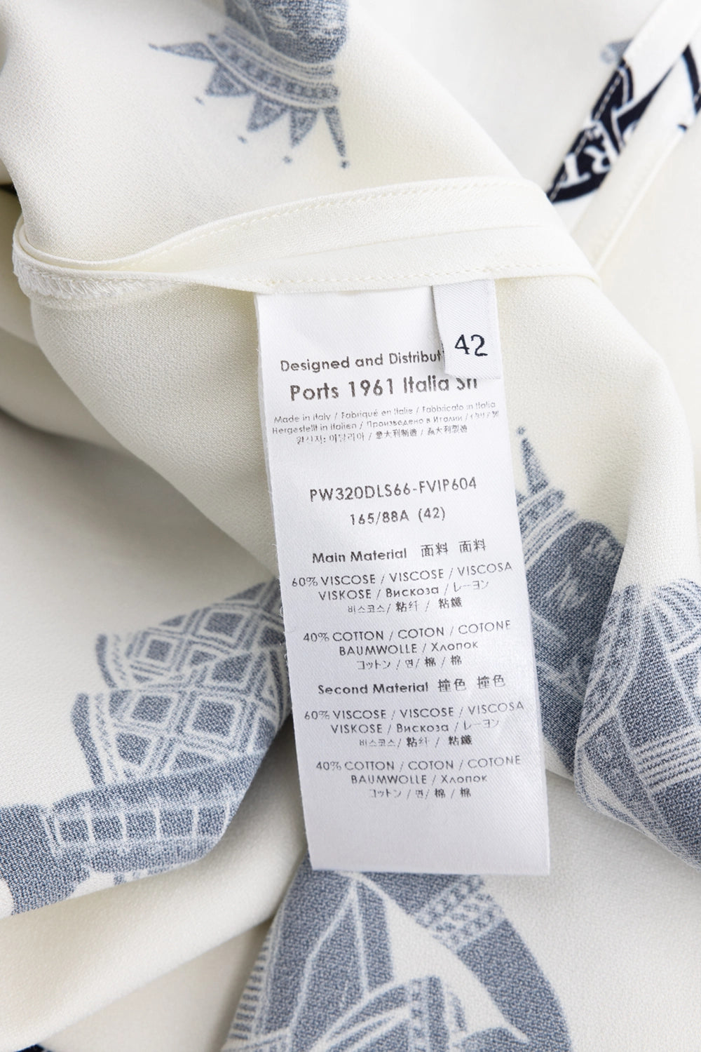 Pre-owned Ports 1961 women's dress in ivory with navy print, care tag close-up with size label