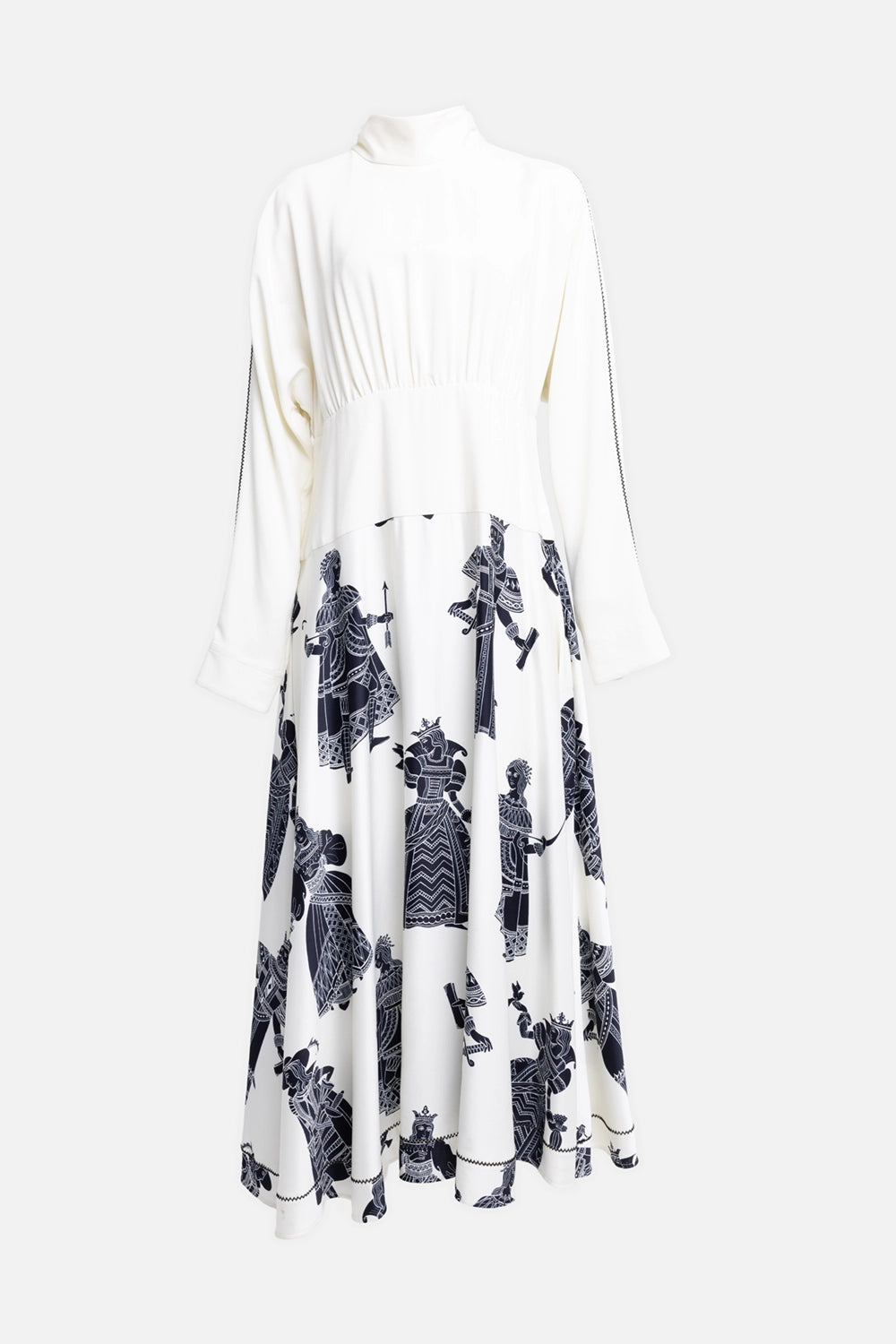 Pre-owned Ports 1961 women's dress in ivory with navy print, front view, high neck and gathered waist