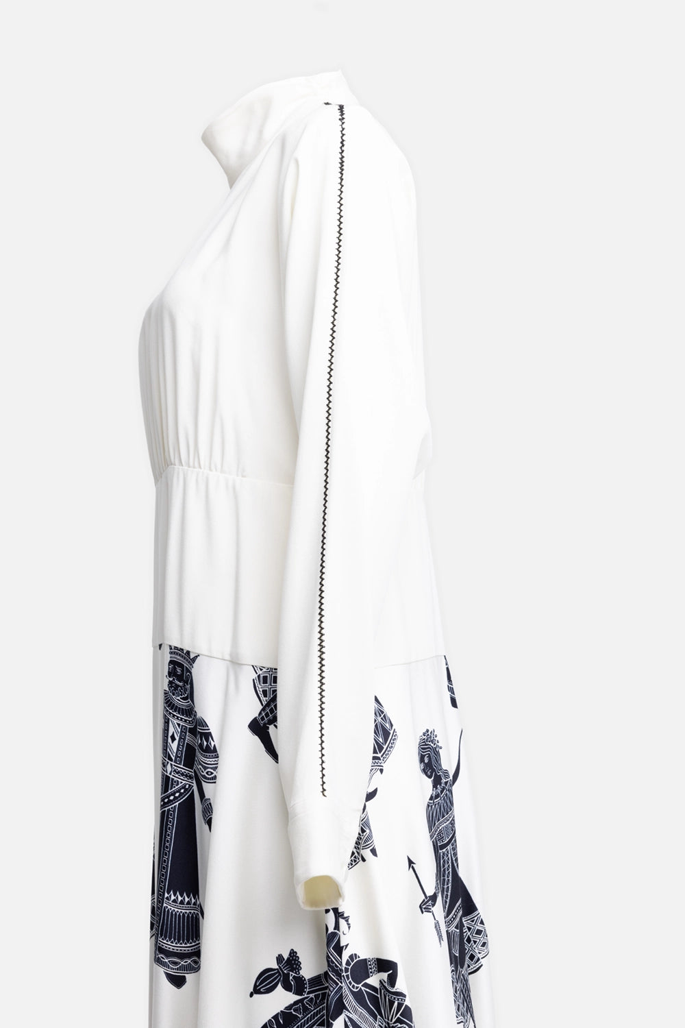Pre-owned Ports 1961 women's dress in ivory with navy print, side view, sleeve contrast stitching detail