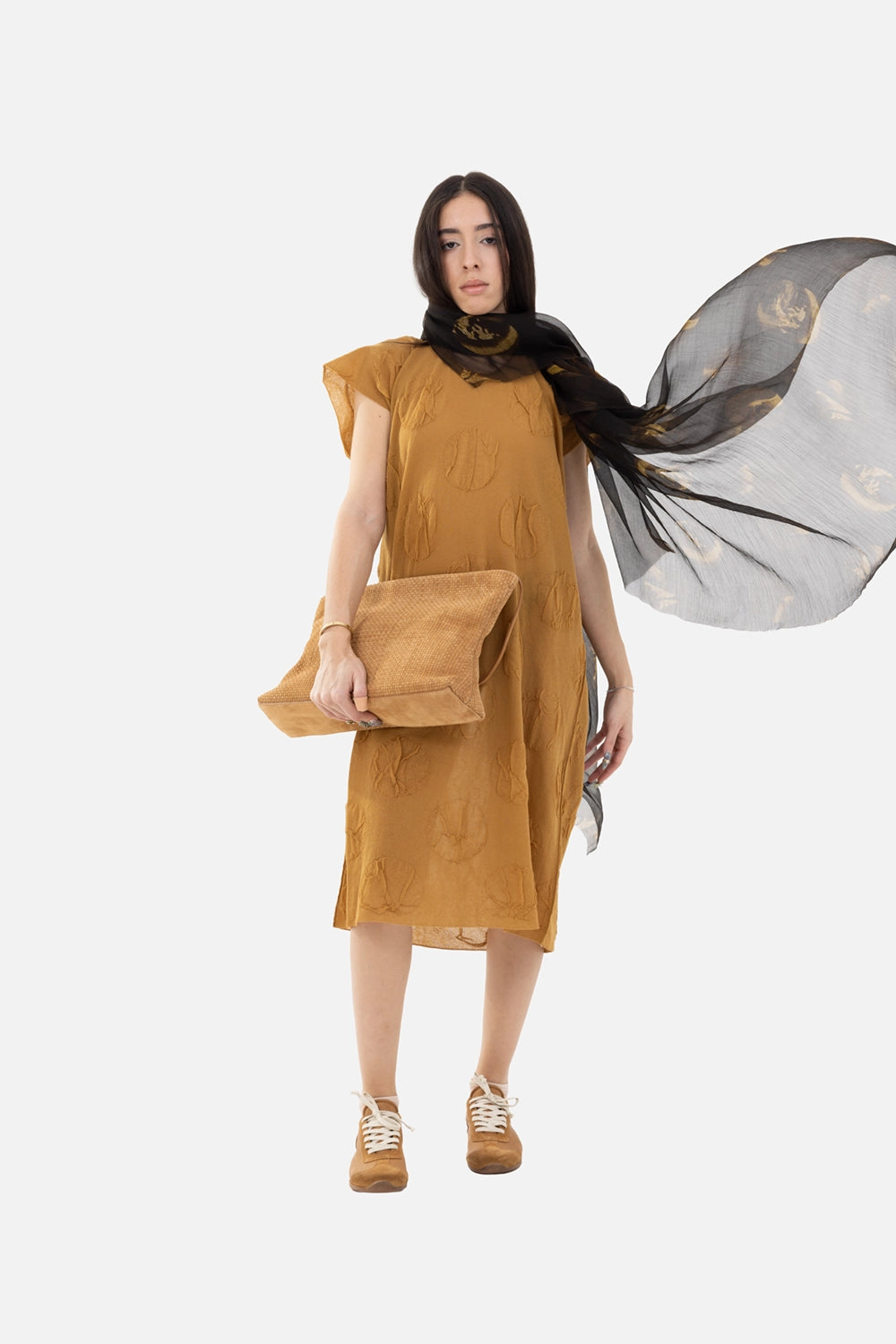 Uma Wang women's midi dress in mustard, on-model full-length, sheer fabric with raised circle texture and cap sleeves