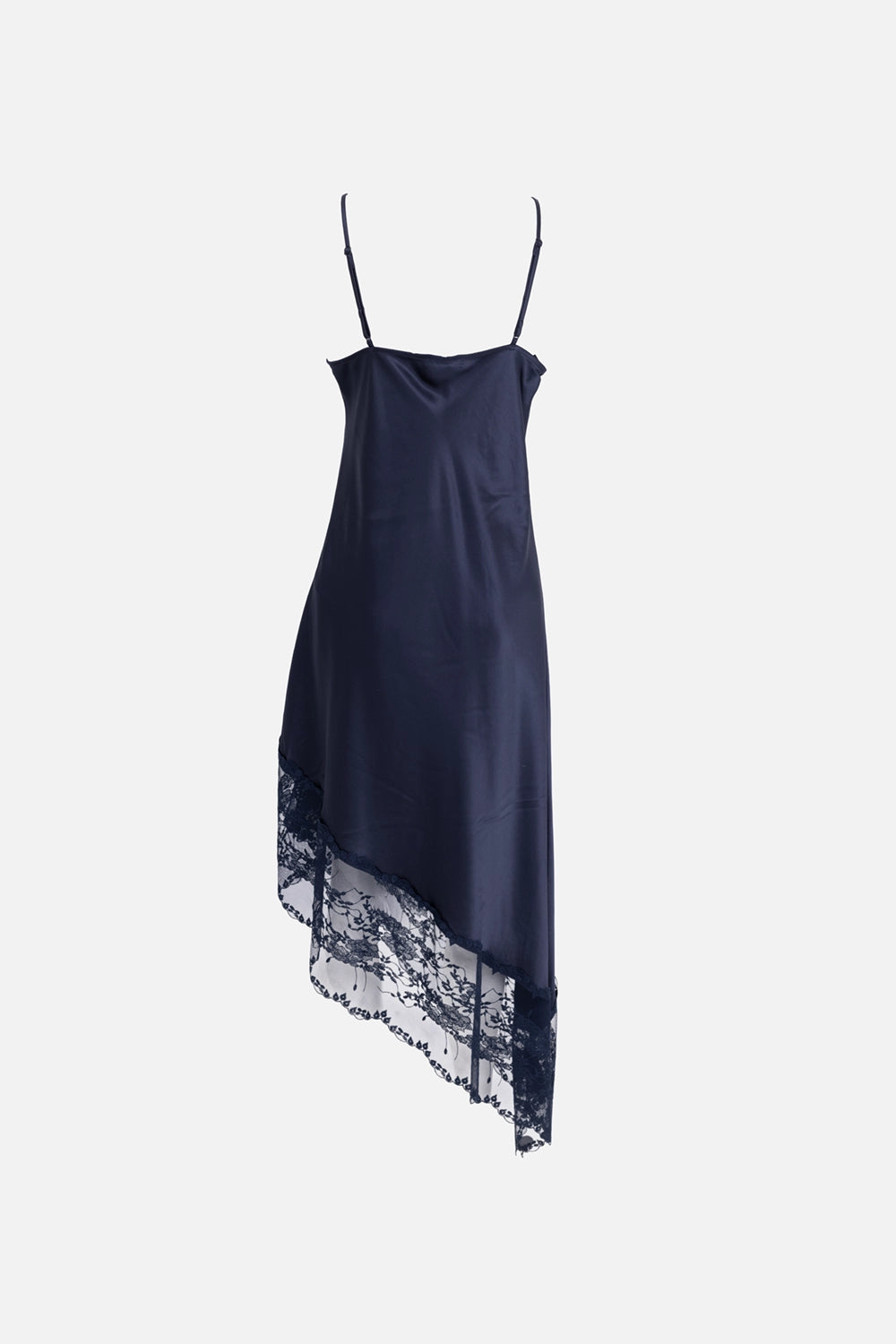 By Malene Birger women slip dress in night sky, back view, thin adjustable straps with asymmetric lace-trim hem
