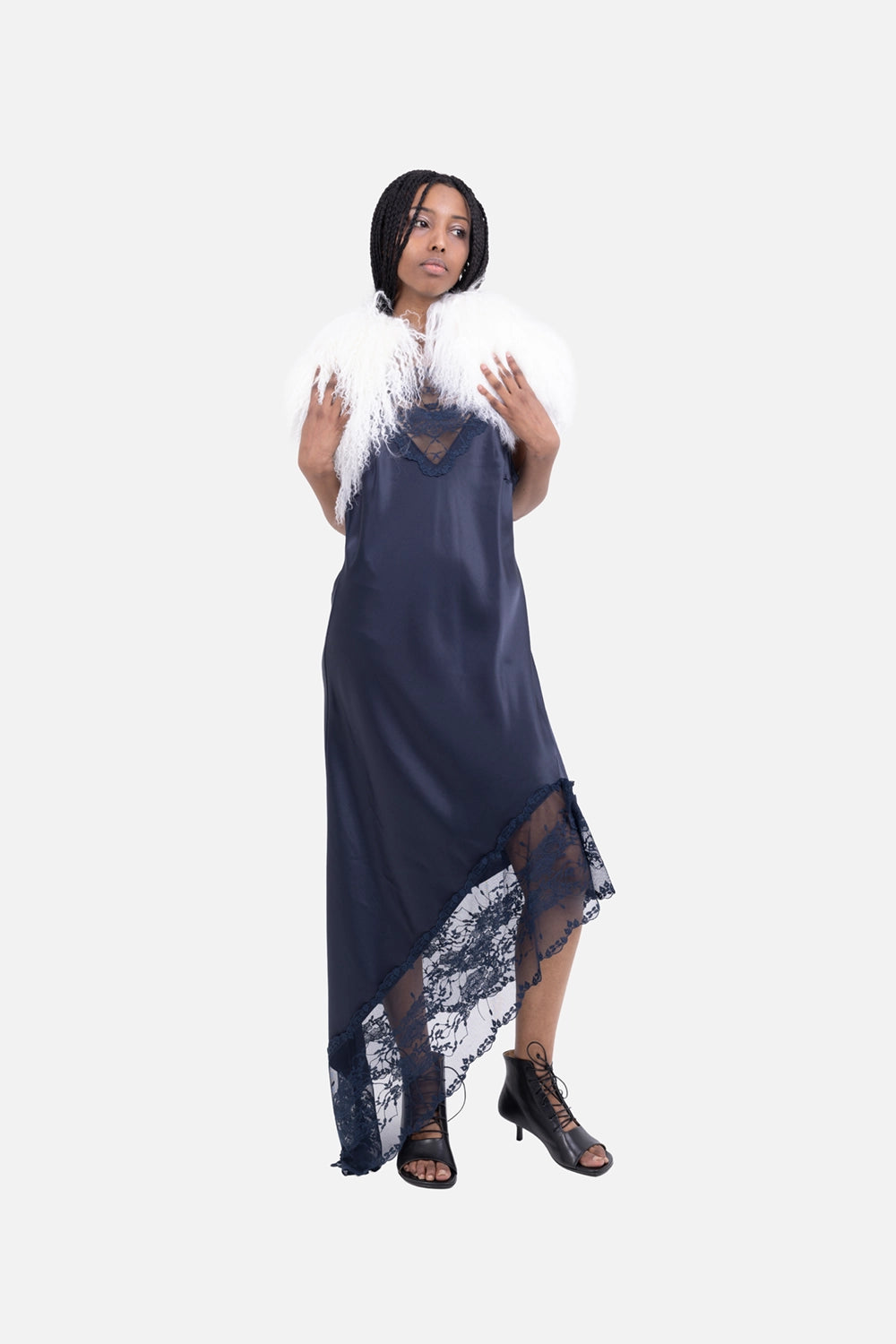 By Malene Birger women slip dress in night sky, on-model full length, fluid satin drape with sheer lace hem detail