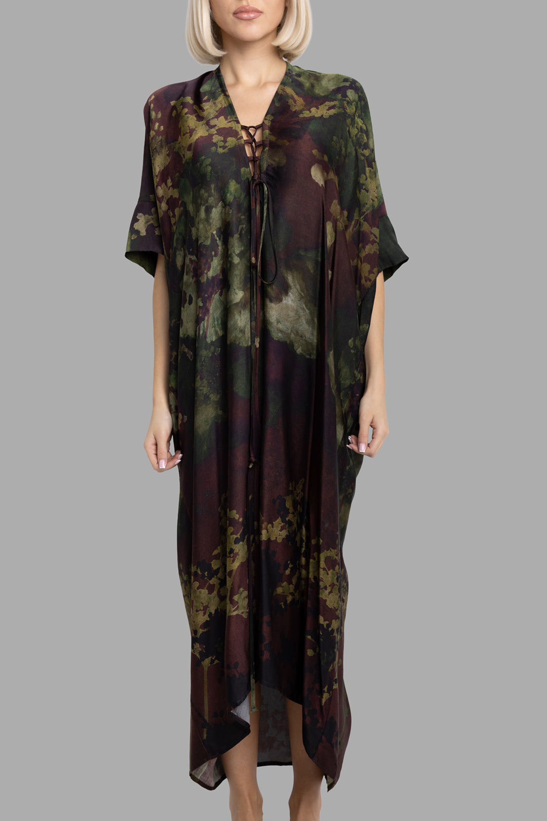 Masnada women's Nightshade print dress, front view with lace-up V-neck and draped kimono sleeves.