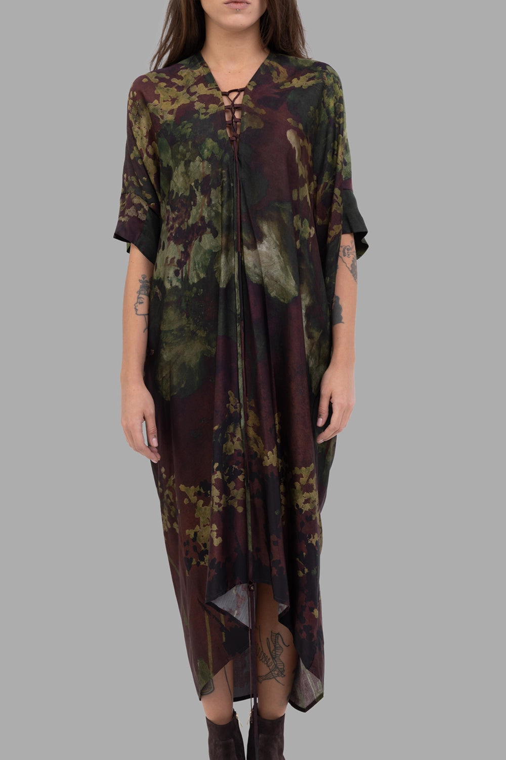 Masnada women's dress in Nightshade, front view, lace-up neckline with long ties and relaxed drape