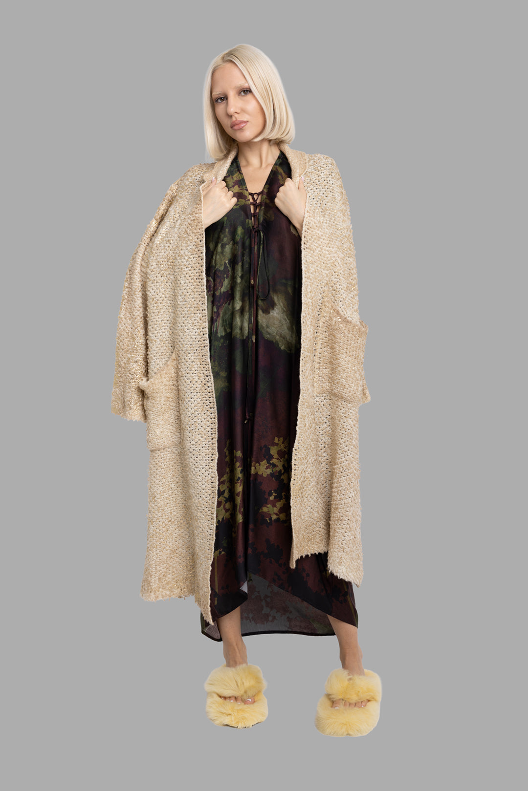 Masnada women's Nightshade print dress with lace-up neckline, on-model full-length layered under textured beige cardigan.