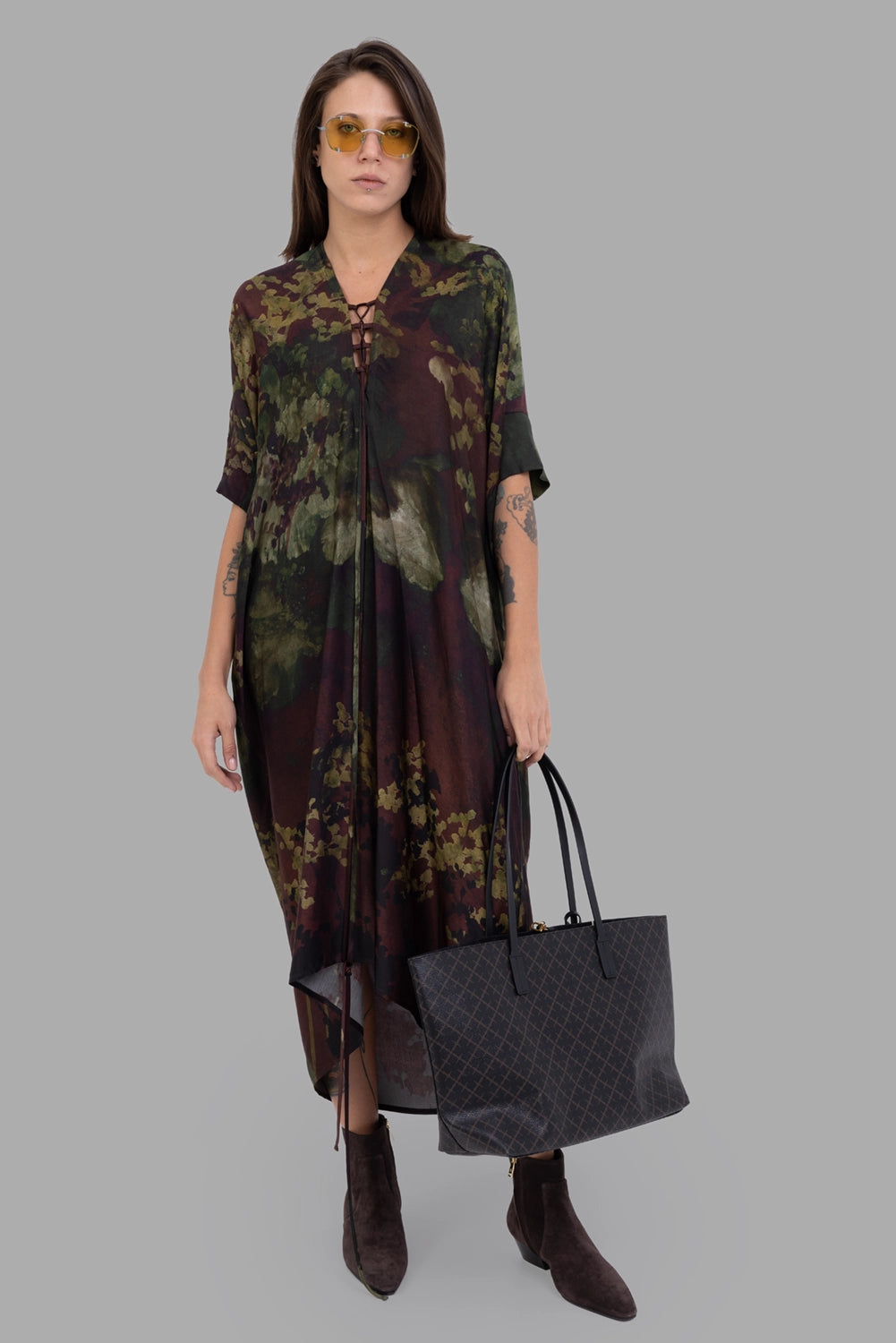 Masnada women's dress in Nightshade, on-model full-length, lace-up V-neck and asymmetric hem