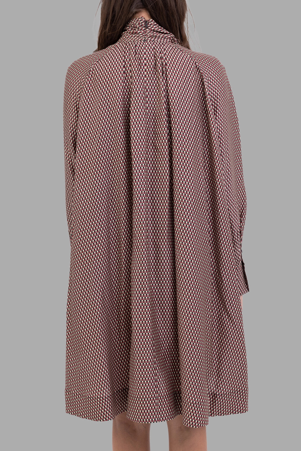 Joseph women dress in Ruby Combo, back view, gathered collar and soft pleats