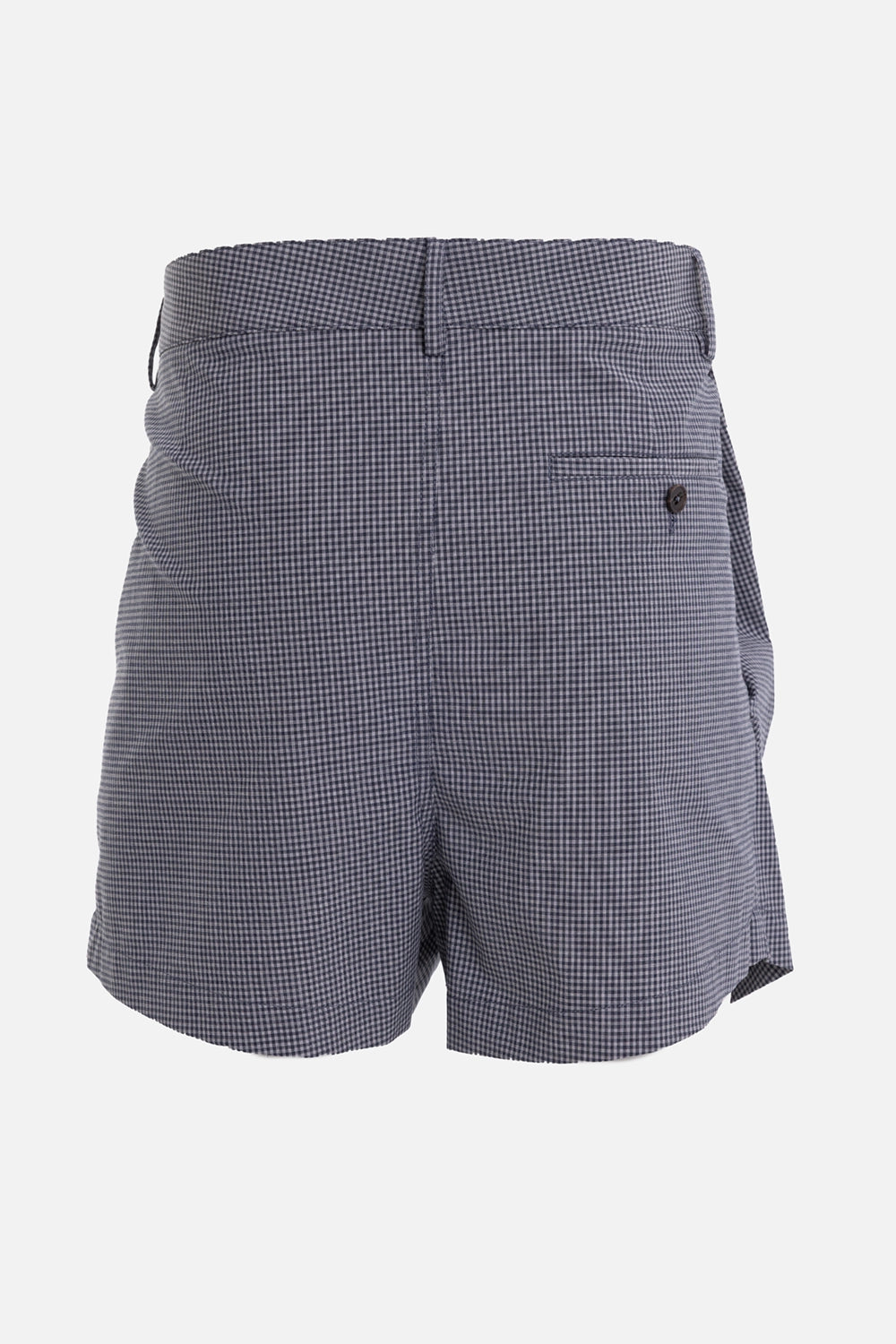 Vivienne Westwood gingham drunken shorts, back view, right welt pocket and rounded volume