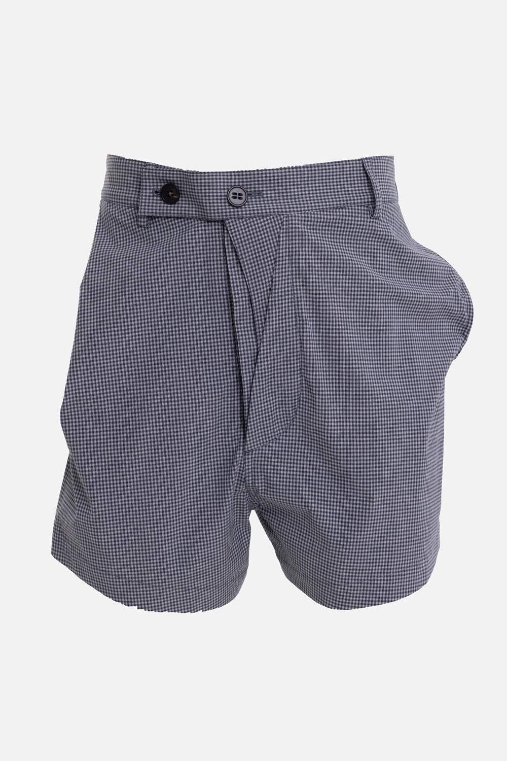 Vivienne Westwood gingham drunken shorts, front view, double-button waistband and asymmetric front fold