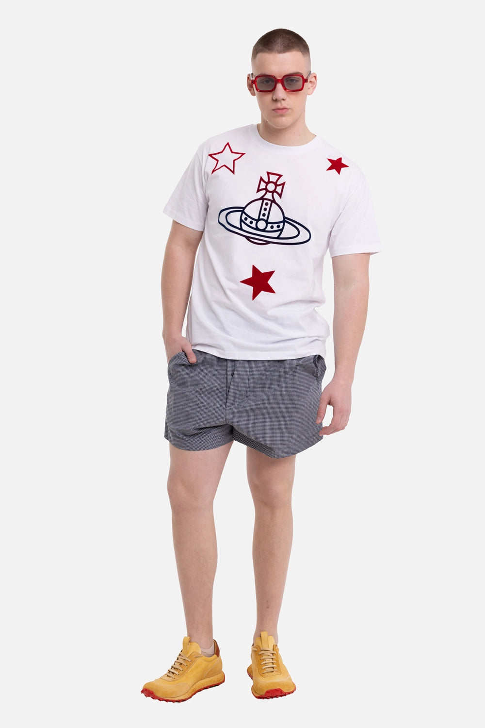 Vivienne Westwood gingham drunken shorts, on-model full-length view, curved volume and short tailored cut