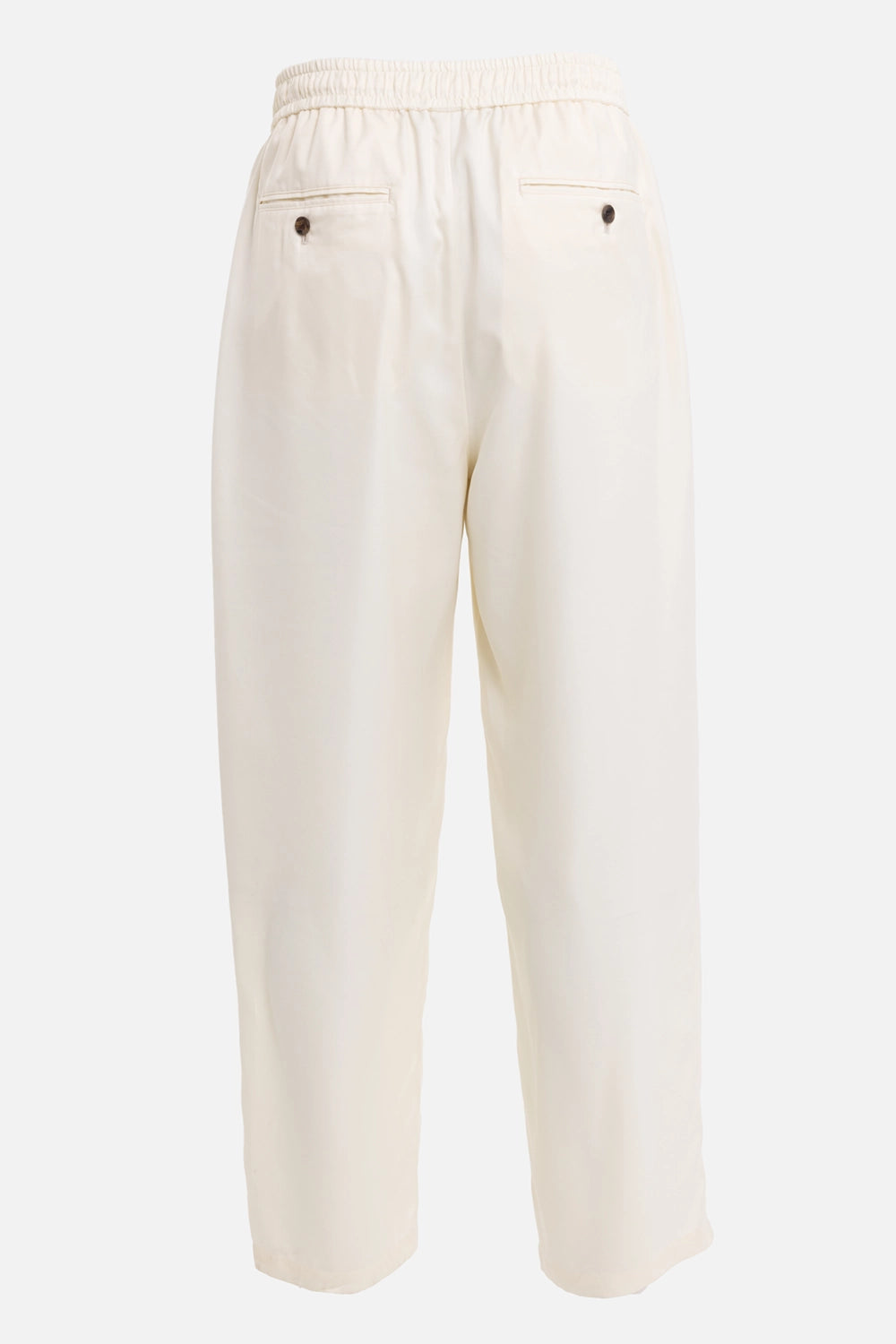 ATTACHMENT men's easy trousers in off white, back view, buttoned welt pockets and gathered waistband