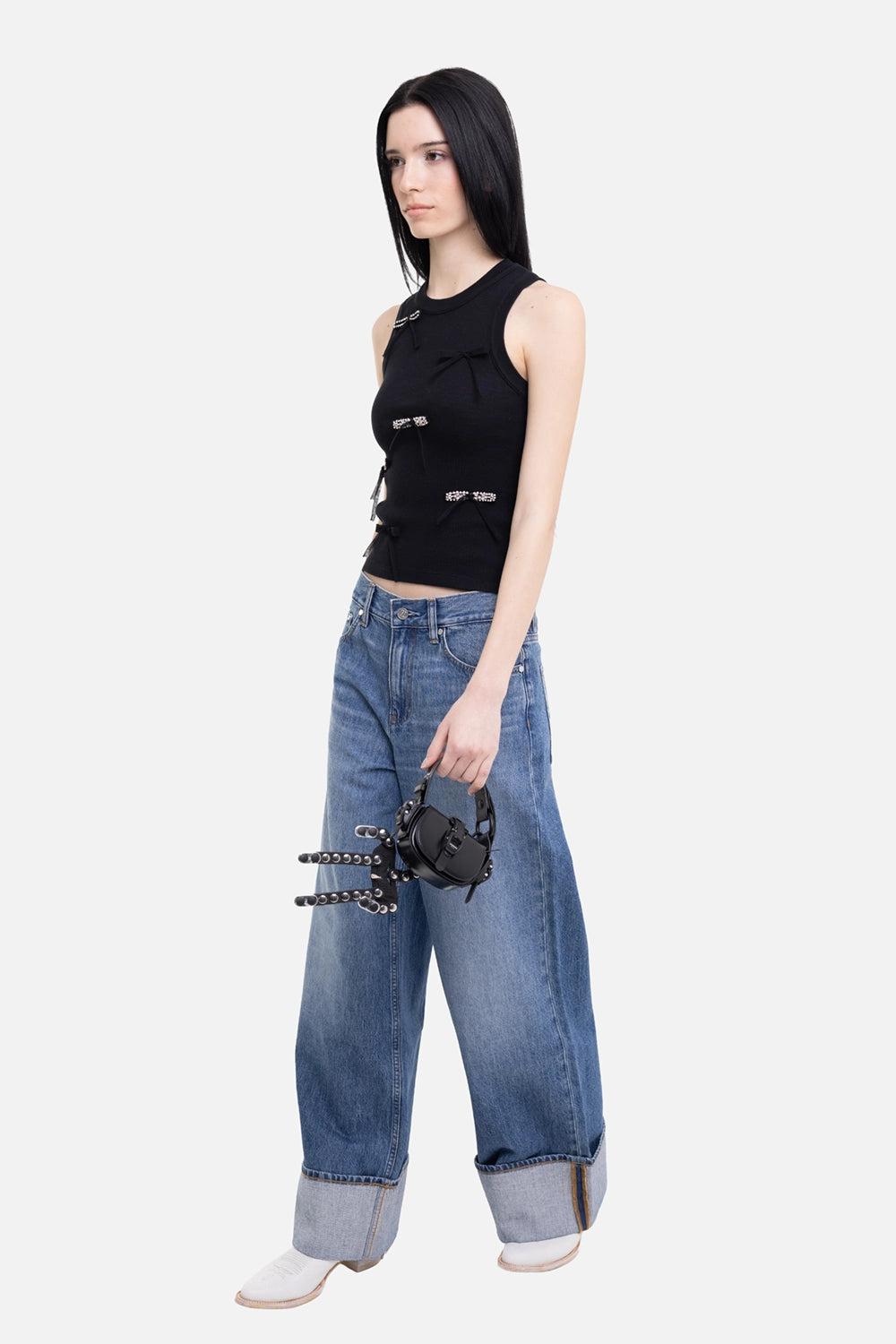 Des Phemmes women's rib tank top in black, on-model full-length view, close fit and crystal bows