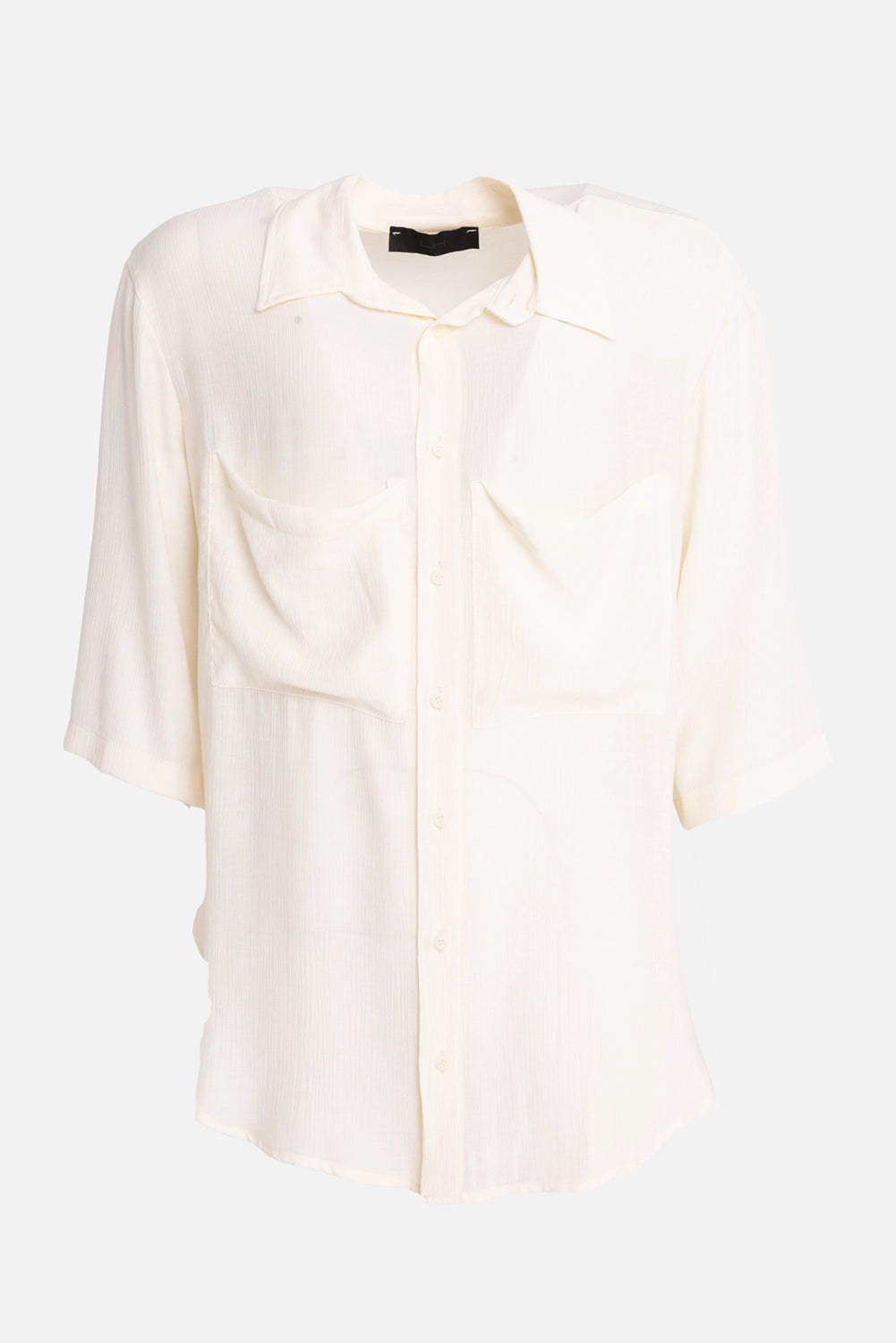 LA HAINE INSIDE US men's rayon overshirt in white, front view, patch pockets and button placket