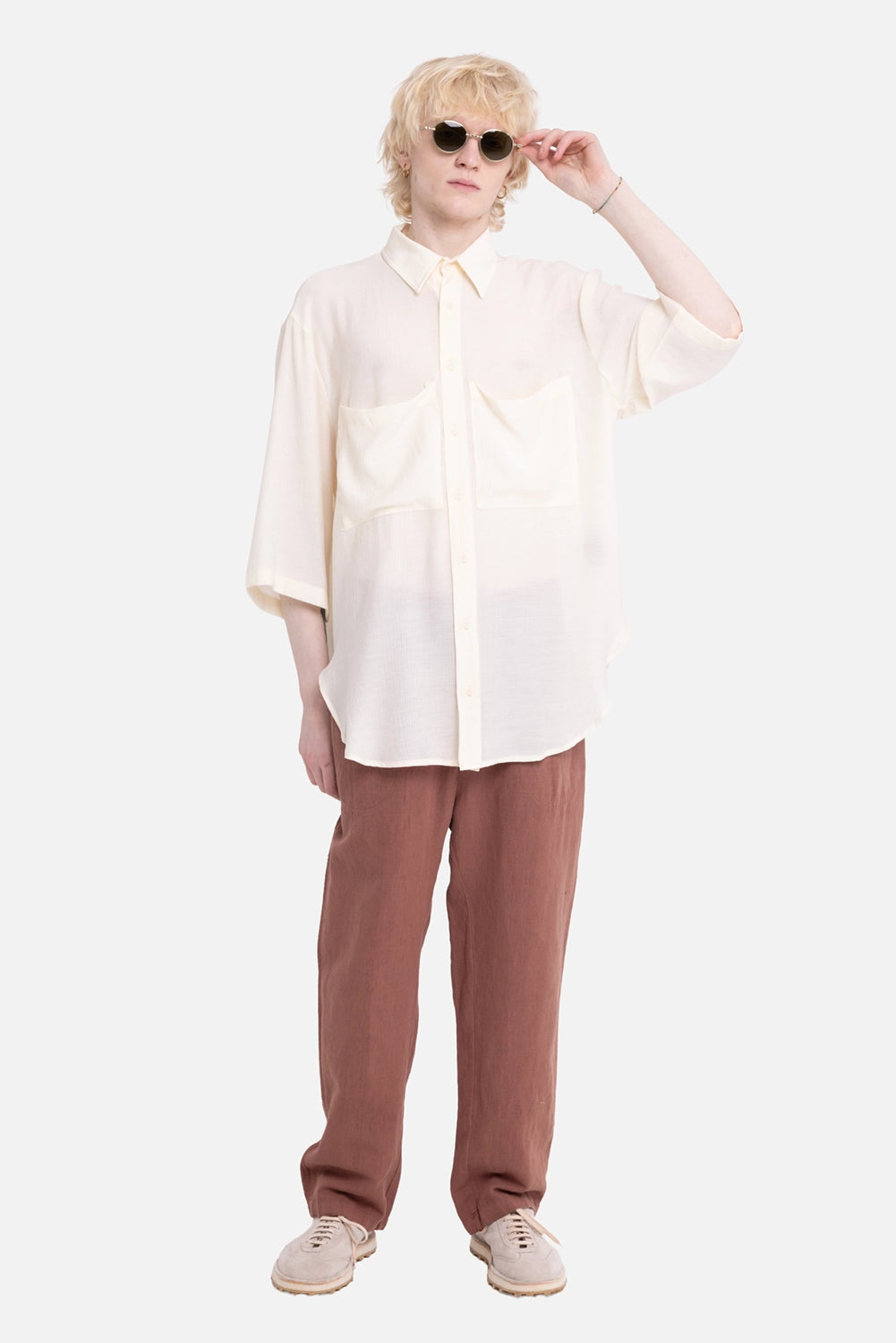 LA HAINE INSIDE US men's rayon overshirt in white, on-model full-length, chest pockets and sheer texture