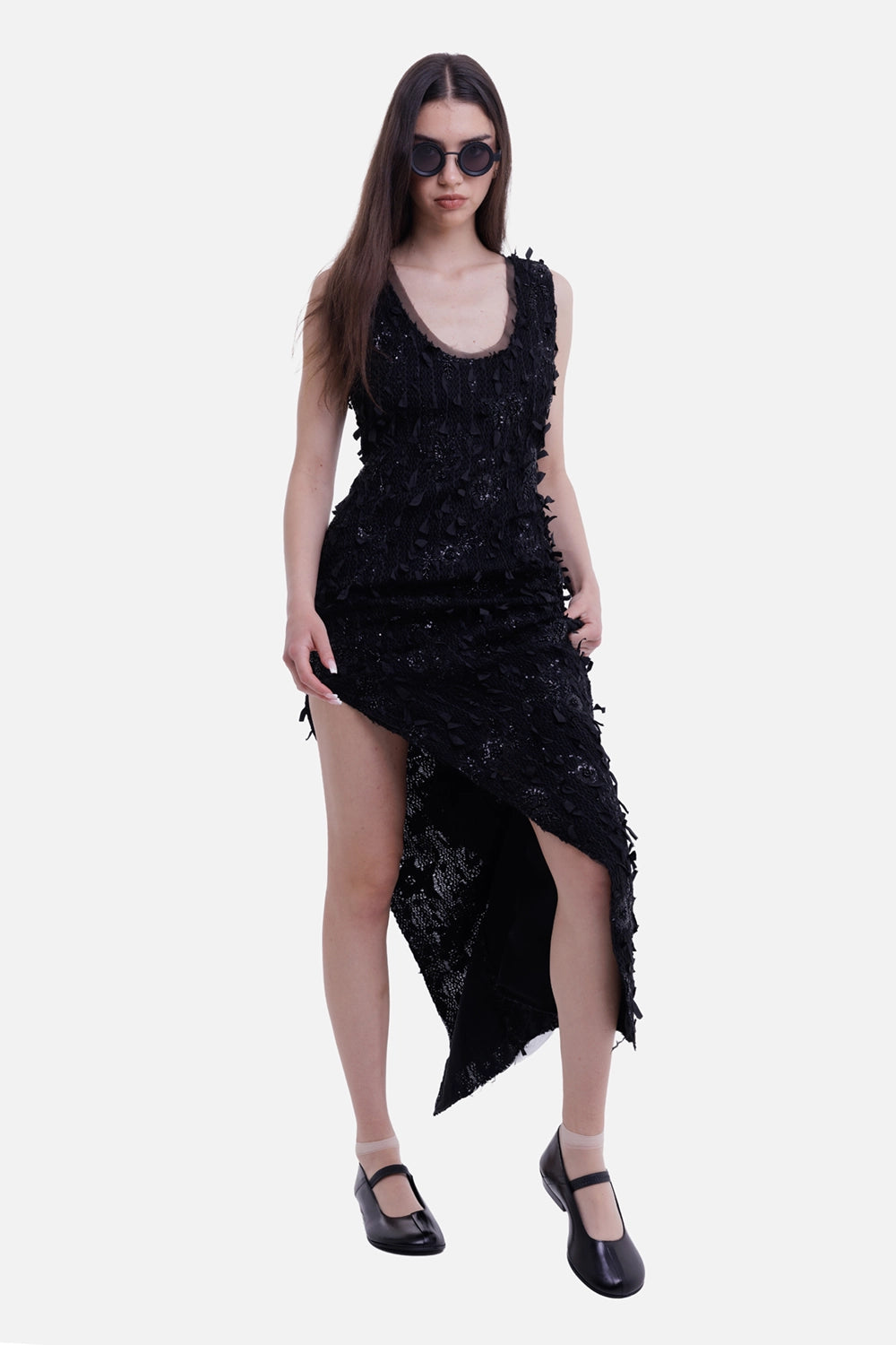 A.W.A.K.E. MODE women's embroidered jacquard tank maxi dress in black, full-length on-model view with asymmetric draped side panel