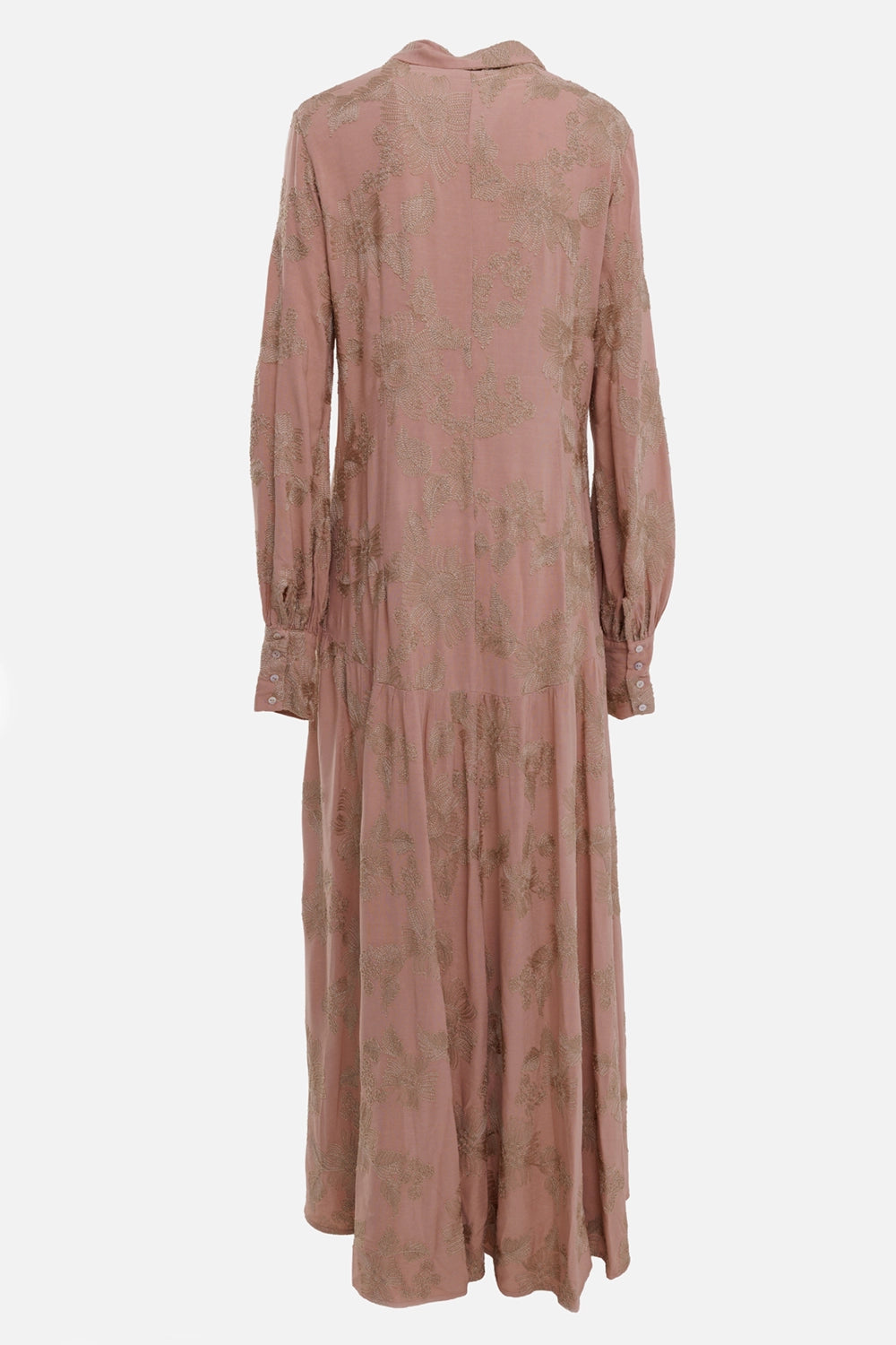 Aniye By women's embroidered shirt dress in Blush Pink, back view, long sleeves and gathered skirt panel