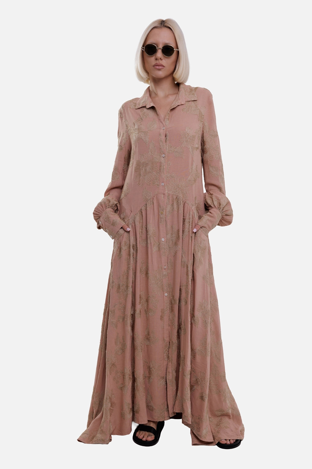Aniye By women's embroidered shirt dress in Blush Pink, on-model full length, button front and flowing hem