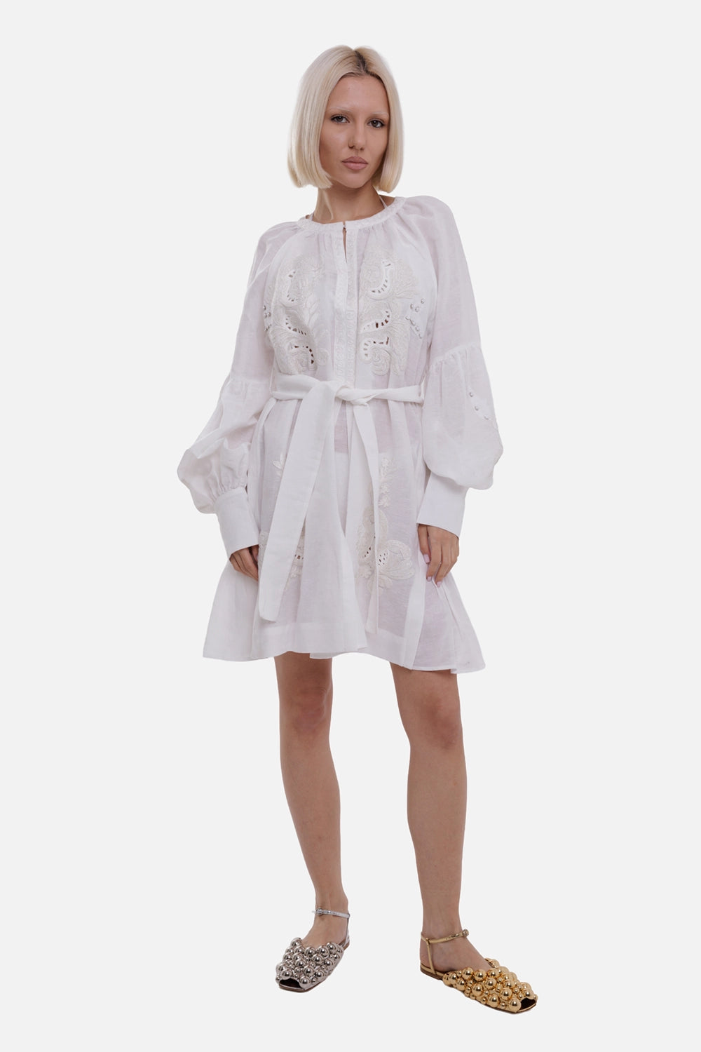 Anjuna women embroidered short dress in white, on-model full length, balloon sleeves and flared hem