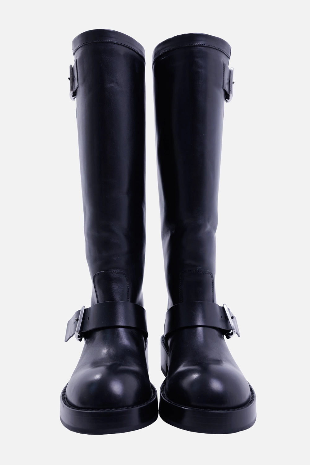Ann Demeulemeester women's Arwa boots in black, front view with round toes, straight shafts and ankle straps