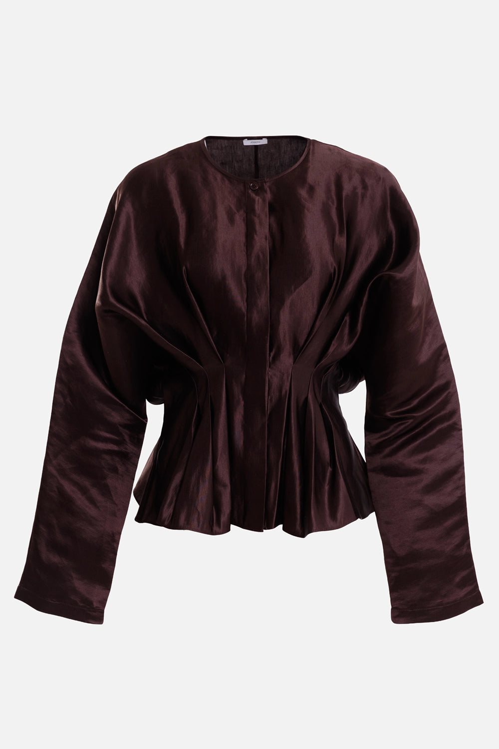 Joseph women's Eris blouse in Patina brown, front view with concealed buttons, round neck and pleated waist