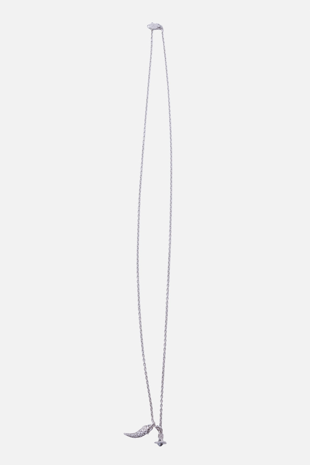 Vivienne Westwood men's necklace in platinum, full front view with long trace chain and twin pendant charms