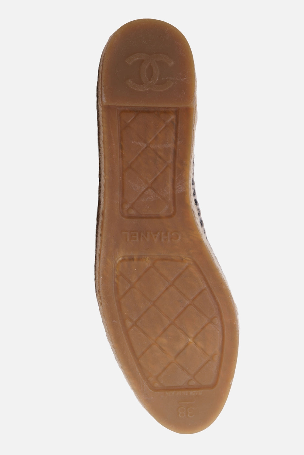 Chanel women's espadrilles in black, sole view, rubber outsole with quilted tread and size 38