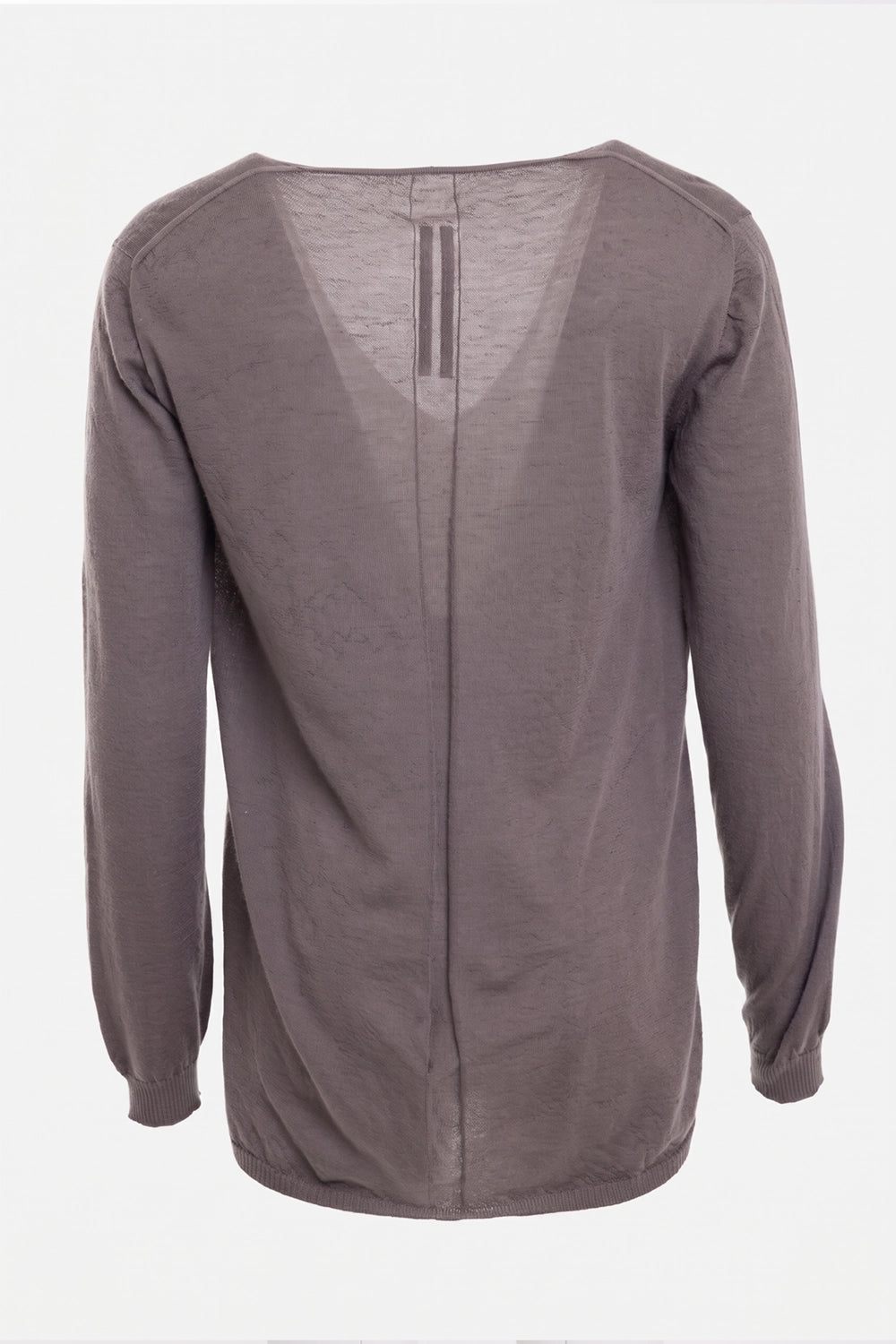 Rick Owens men's V-neck sweater in dust, back view, center spine seam and semi-sheer knit